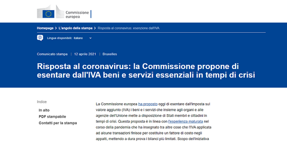 Esenzione IVA per i prodotti anti Covid distribuiti dall'UE agli Stati membri