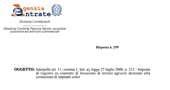 Imposta di registro pari allo 0,5 per cento per i terreni su cui costruire impianti eolici