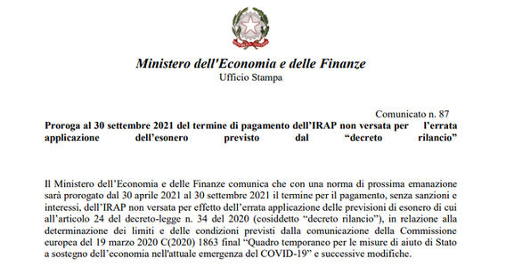 Proroga versamento Irap al 30 settembre 2021: comunicato ufficiale MEF