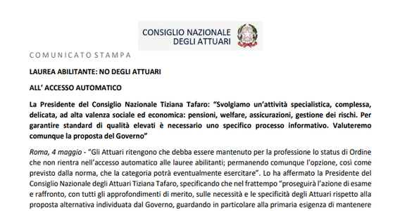 Laurea abilitante, gli Attuari non sono favorevoli: necessario un controllo sull'attività