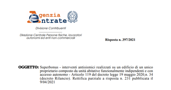 Superbonus 110, agevolazione per unico proprietario: ok solo se l'edificio è residenziale