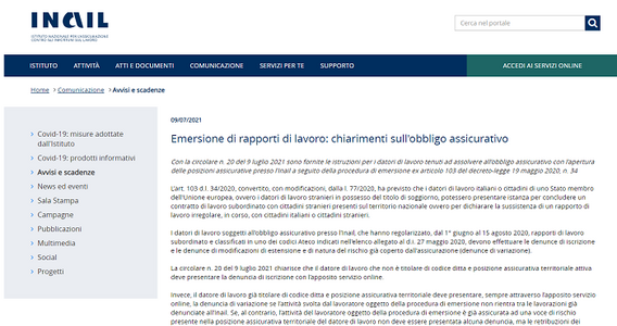 Regolarizzazione lavoratori, le istruzioni per aprire le posizioni assicurative INAIL