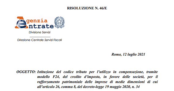 Bonus aumenti di capitale: istituito il codice tributo per utilizzare il credito di imposta