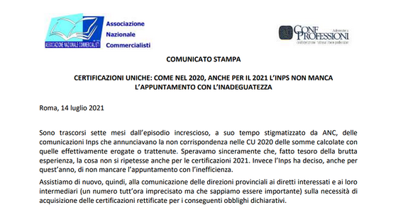 Dichiarazione dei redditi da rifare a causa di errori nella Certificazione Unica INPS 2021? L'allarme ANC