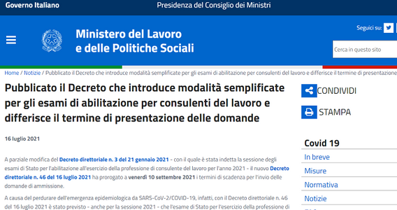 Esame Consulenti del Lavoro, anche per il 2021 unica prova orale: proroga domanda al 10 settembre