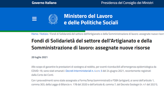 Assegno ordinario Covid artigiani e somministrati: altri 750 milioni per FSBA e FORMATEMP