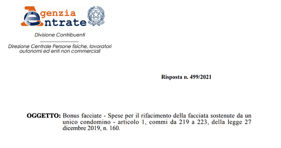 Bonus facciate 2021 condominio: detrazione del 90 per cento anche per un solo contribuente