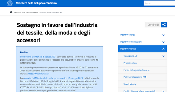 Domanda contributi a fondo perduto 2021 per i settori moda, tessile, accessori dal 22 settembre