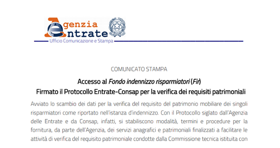 FIR: Consap e Agenzia delle Entrate collaborano per la verifica sui requisiti di accesso