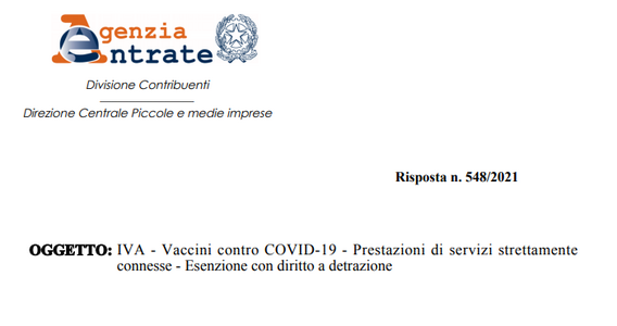 Esenzione IVA vaccini anti Covid, applicazione ampia alle prestazioni della campagna vaccinale