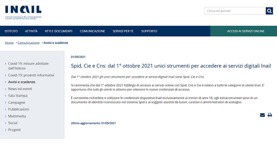 SPID, CIE e CNS: uniche credenziali di accesso al portale INAIL dal 1° ottobre