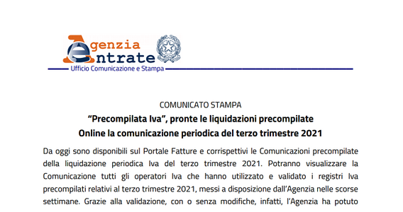 Lipe terzo trimestre 2021, precompilata disponibile online su Fatture e Corrispettivi