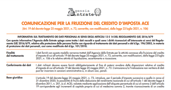 ACE 2021 al 15 per cento: comunicazione dal 20 novembre per ottenere il credito di imposta