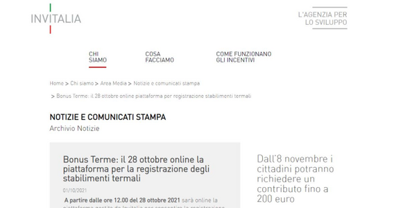 Bonus terme, la piattaforma per la registrazione degli stabilimenti online dal 28 ottobre