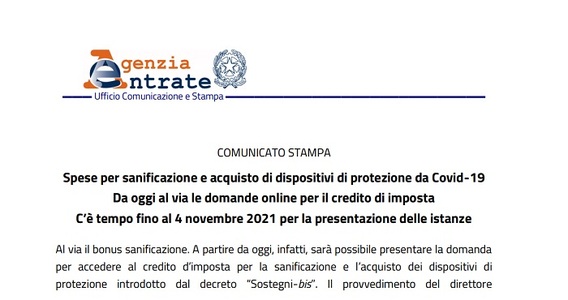 Bonus sanificazione 2021, domanda entro la scadenza del 4 novembre: le istruzioni sulla comunicazione