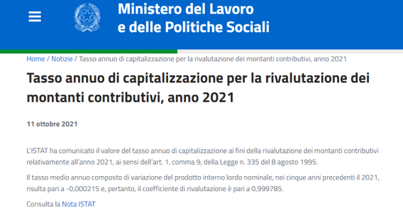 Pensioni 2021, ISTAT: il tasso annuo di capitalizzazione per la rivalutazione dei montanti contributivi