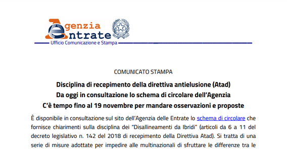 Contrasto all'elusione e decreto ATAD: circolare sui disallineamenti da ibridi in consultazione fino al 19 novembre