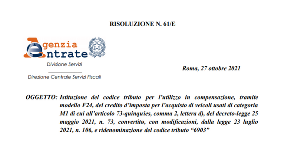 Ecobonus auto 2021, i codici tributo per la compensazione con F24