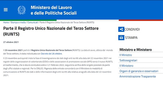 RUNTS: dal 23 novembre operativo il Registro Unico Nazionale del Terzo Settore