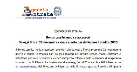 Bonus imprese di moda 2021, domanda per ottenere il credito di imposta entro il 22 novembre