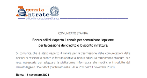 Cessione del credito e sconto in fattura, riaperto il canale per la comunicazione alle Entrate