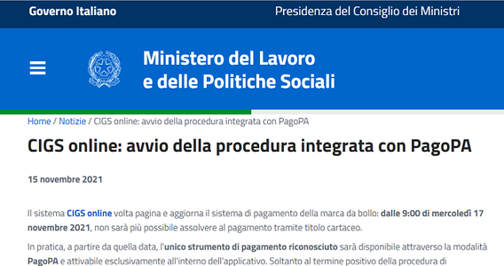 Domanda CIGS online, dal 17 novembre 2021 pagamento marca da bollo solo con PagoPA