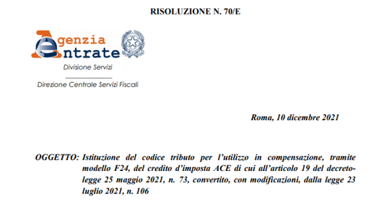 Super ACE 2021, pronto il codice tributo per la compensazione con F24 del credito d'imposta