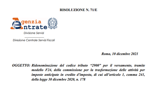 DTA in credito d'imposta: il codice tributo per il versamento della commissione