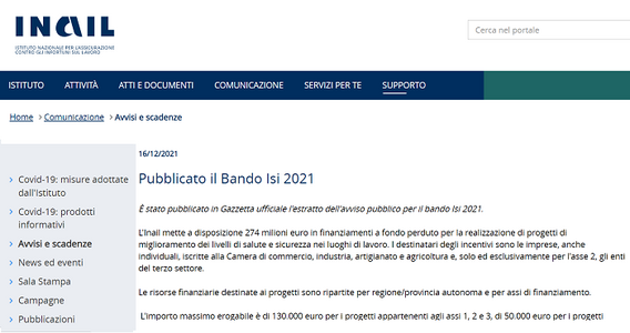 Bando ISI INAIL 2021, nuova tornata di finanziamenti a fondo perduto per la sicurezza sul lavoro
