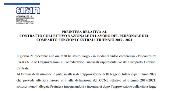 Contratto Funzioni Centrali della PA: firmata la pre-intesa tra sindacati e Aran