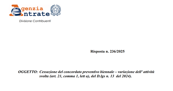 Concordato preventivo biennale e ATECO 2025: esclusa la cessazione se cambia l'ISA