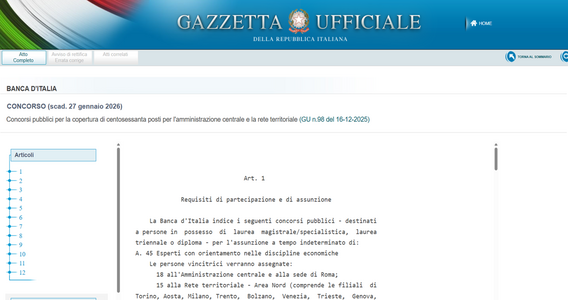 Concorso Banca d'Italia 2025: bando per 160 nuove assunzioni