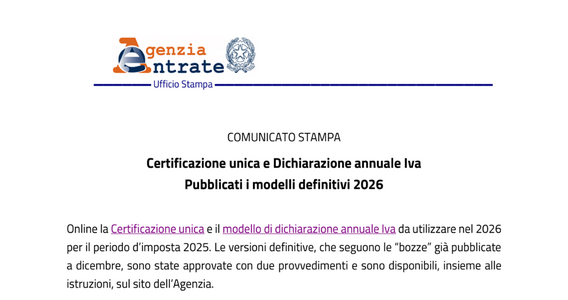 Certificazione Unica e Dichiarazione IVA 2026: disponibili i modelli ufficiali