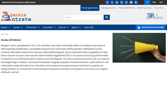 Lettera di compliance su anomalie IVA con errori: l'Agenzia delle Entrate si scusa 