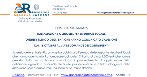 Tasse locali, rottamazione per 1.500 Enti tra Comuni e Regioni. L'AdER pubblica l'elenco
