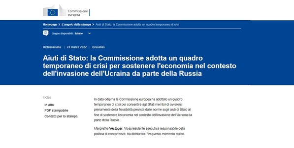 Aiuti di Stato Energia: il quadro UE per far fronte alle conseguenze della guerra in Ucraina