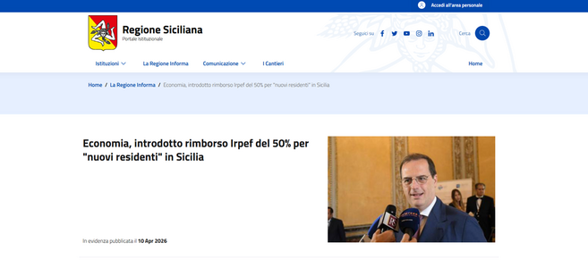 Sicilia, rimborso IRPEF triennale ai neo residenti