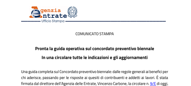 Concordato preventivo biennale: circolare guida dall'ADE