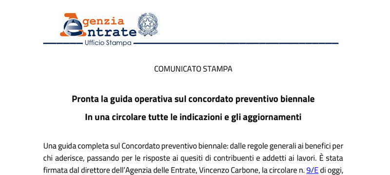 Concordato preventivo biennale: circolare guida dall'ADE