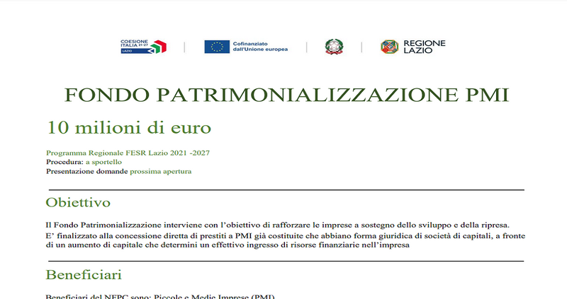 Finanziamenti fino a 500.000 euro per le aziende del Lazio