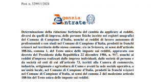 Redditi Campione d'Italia: riduzione forfettaria al 33,27 per cento