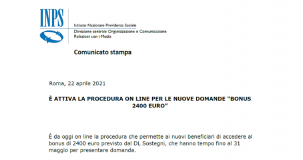 Bonus INPS 2400 euro, domanda online in scadenza al 31 maggio 