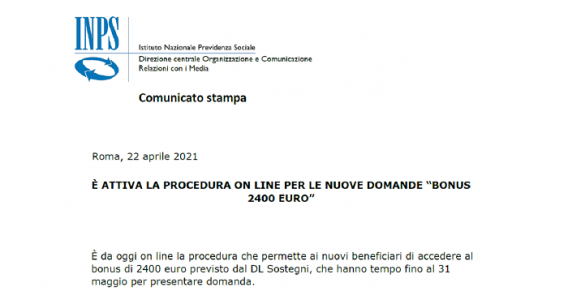 Bonus INPS 2400 euro, domanda online in scadenza al 31 maggio